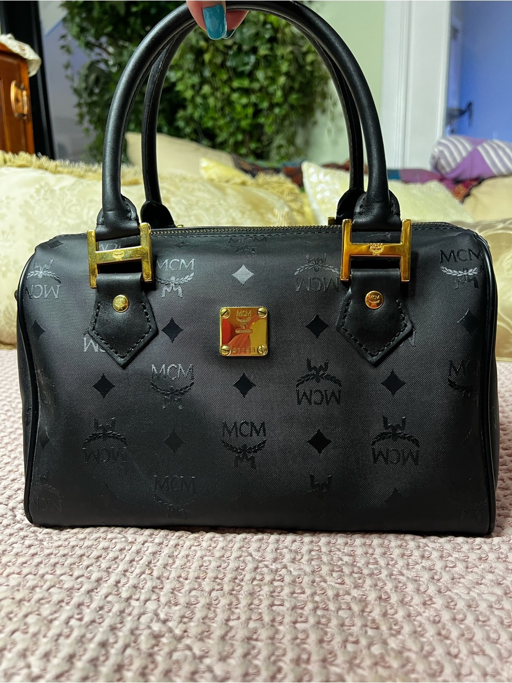 Vintage MCM München Black Visetos Boston Satchel Crossbody Bag